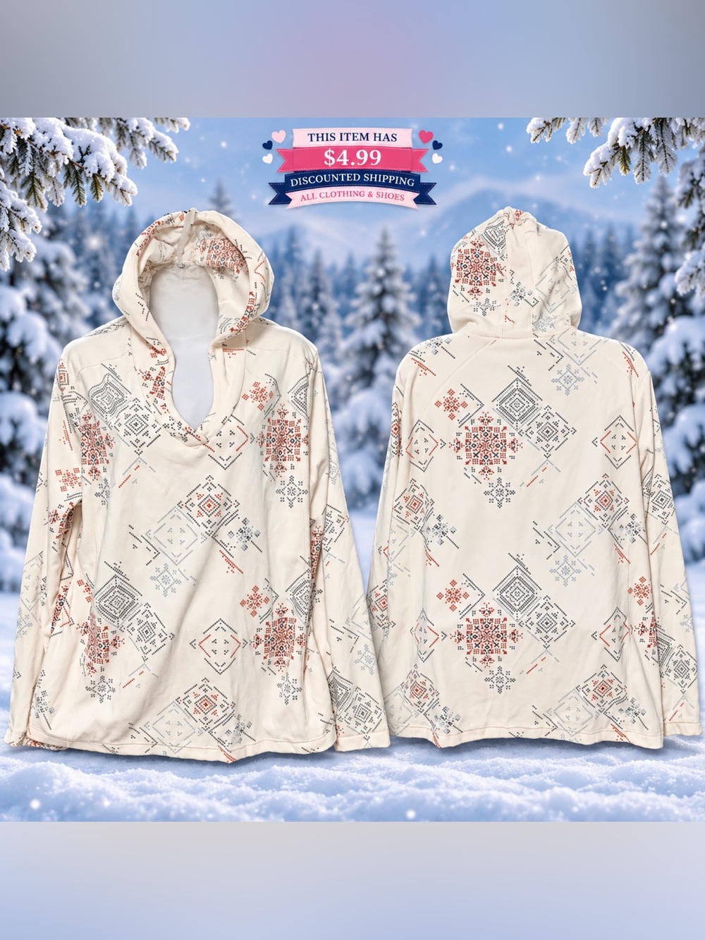 Natural Reflections Ivory Geometric Fleece Pullover Hoodie size XL – NWOT